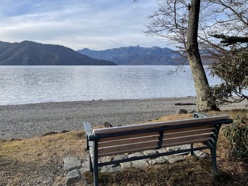 中禅寺湖畔のベンチ